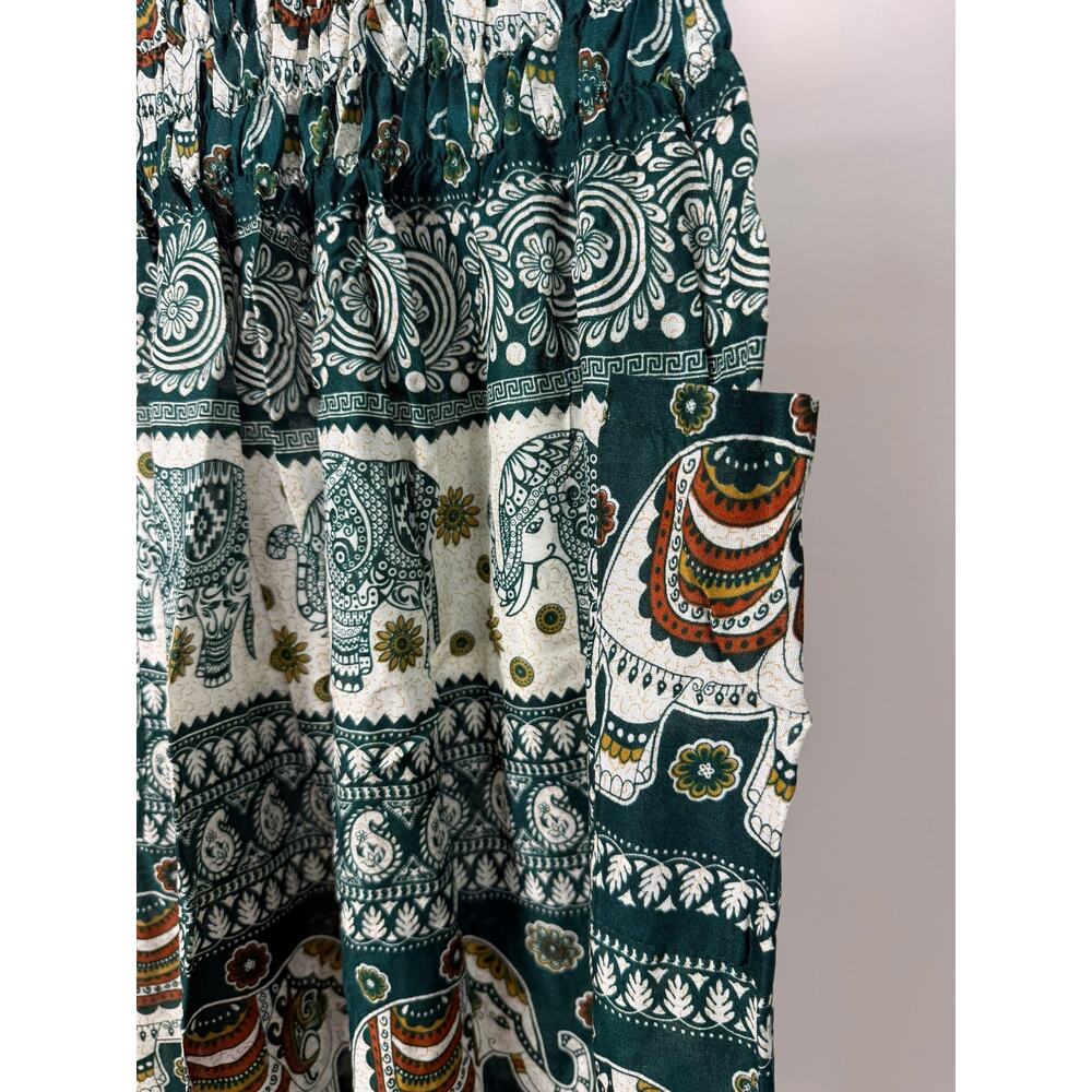 Boho Elephant Print Wide-Leg Pants in Green - Picture 4 of 6
